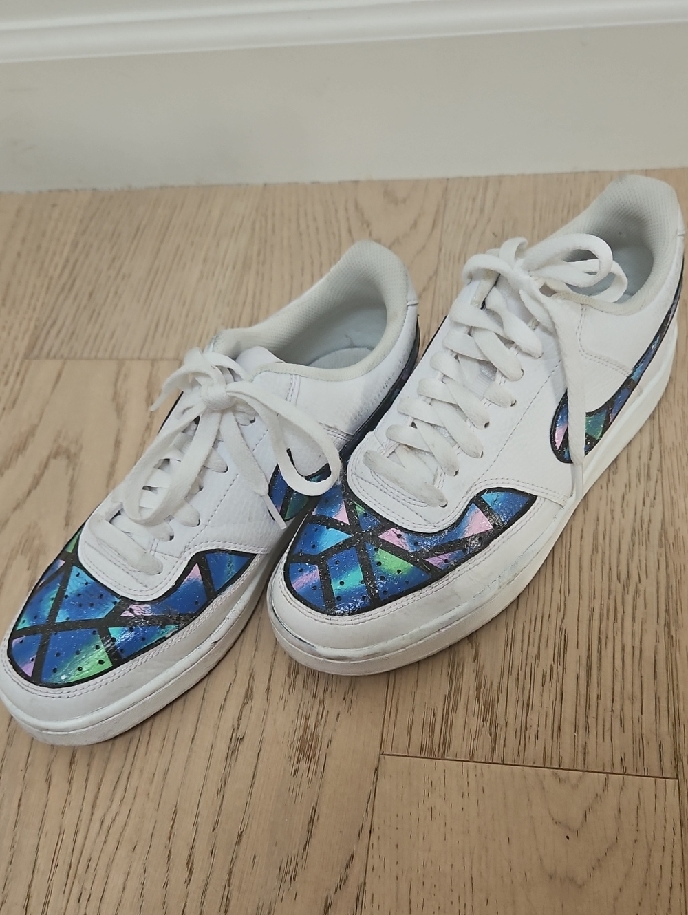 Nike Customized White Sneakers with Iridescent Blue-Purple Accents